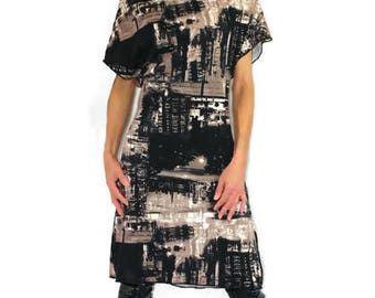 Dress, modern, fabric, printed, the city, pleated on the neckline, short sleeves.