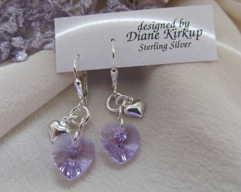 Heart to Heart Swarovski Violet and Sterling Silver Earrings Presented On Sterling Silver Lever Back Findings