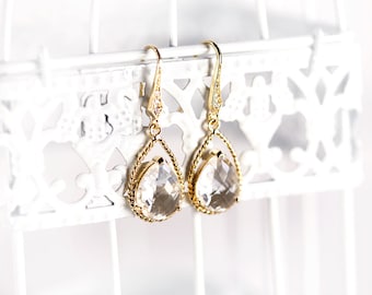 Crystal bridal earrings Gold earrings Crystal earrings Wedding earrings White earring Bridal jewelry Teardrop earring Bridesmaid earring 879