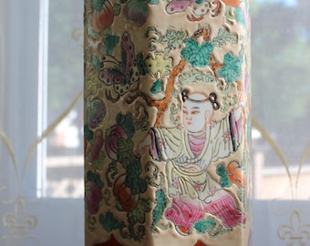 Chinese Vase Tall Vintage Porcelain Hexagonal Hand Painted
