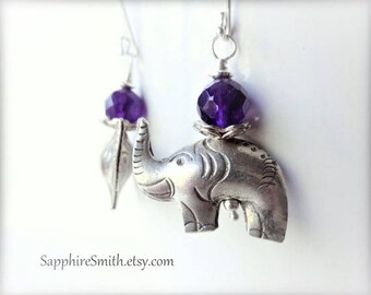 30% off PACHYDERMS Elephant Earrings, African Violet Purple Amethyst & Karen Hill Tribe Fine Silver Elephant Earrings, tribal style