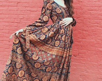 70's Incredible Block Print India Cotton Maxi Dress, 100% Cotton, Made In india by BATIKWALLA. SMALL