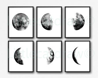 Moon Print Set Of 6 Phases Wall Decor Bedroom Watercolor Painting Print Celestial Print Luna Phases Home Decor Wall Art Prints