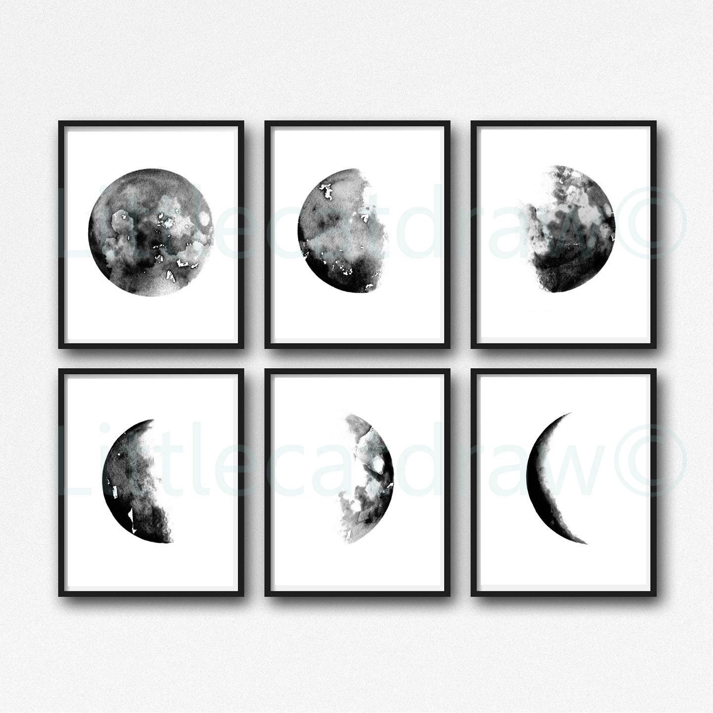 Moon Phase Print Set Of 6 Watercolor Painting Print Lunar The