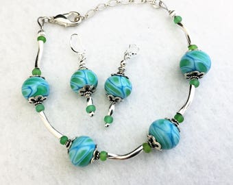 20% off St Patricks Day Sale, set, bracelet, earrings, glass, beads, lampwork, silver, blue, green, gift, handmade, Sassy Shack Designs