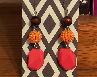 Wood and coral drop boho earrings