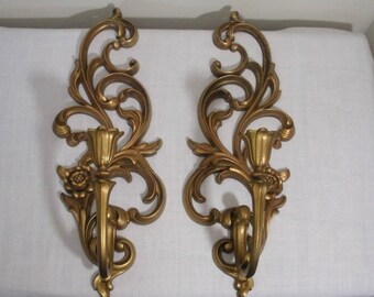Vintage Pair of Gold Syroco Sconces - Candle Sconces