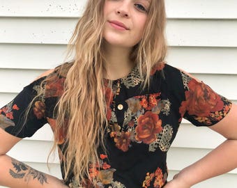 Eco Cropped Gypsy Shirt,Size S/M ,festival clothing, hippie top,eco cropped top, black rose crop top, off the shoulder top, Zasra