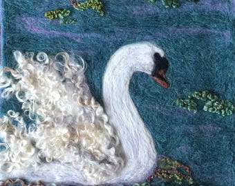 OOAK Needle felted Swan painting
