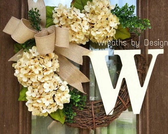 Cream Hydrangea Wreath-Spring Wreath-Summer Wreath for Front Door-Monogram Wreath-Wedding decor -Summer Wreath-All Year Wreath-Monogram