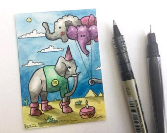 Elephant balloons birthday party colorful miniature art ATC Gift Art Trading Card Whimsical - Original ART ACEO Watercolor - Katie Hone