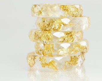 Resin Ring - Clear Eco Resin Faceted Ring with Gold Flakes