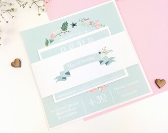Blue floral Wedding Invitation & RSVP