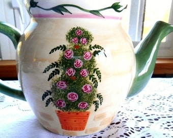 Tea Pot Bella Casa By Ganz Tea Pot - Adorned With Burgundy Flowers In A Large Flower Pot - Free Shipping
