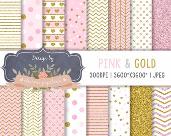 Pink and Gold Glitter Digital Papers, Pink and gold scrapbook papers, Princess digital paper, chevron pink and gold, chevron gold, polka dot