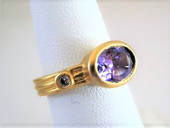 Purple Glass Stone Ring, Pinkie Ring, Amethyst Gold Tone, Cocktail Ring Size 5