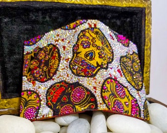 Scintillating Rhinestoned Makeup Shrine Dia de Los Muertos Skulls Calaveras Handmade Magnetic Makeup Palette Double Sided Steampunk Palette