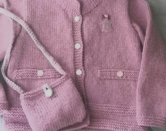 Cardigan vest and matching bag wool pink 3/4 years