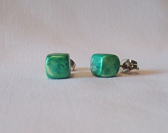 Polymer Clay Raku Cube Stud Earrings- Green