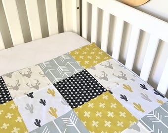 Designer Minky Baby Blanket Black and Mustard Patchwork Pram Size