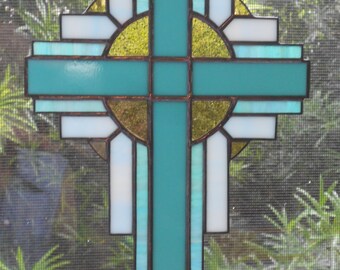 Stained Glass Cross Suncatcher, Turquoise Green, #117