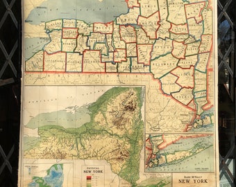 Antique School Map of New York State Pull Down Classroom Rand McNally