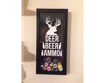 Bottle Cap Holder Shadow Box - Deer Beer Ammo - Black (6" x 14") - Vinyl Decal Gifts, Home Bar Accessories