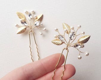 Gold Hair Pin, Gold Leaf Hair Piece, Gold Leaf Hair Clip, Gold Hair Vine, Wedding Leaf Hair Pins, Bridal Hair Comb, Wedding Clips