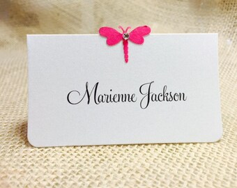 10 Drgonfly Wedding Place Cards, Bridal Shower, Birthday Party Place Cards, Dragonfly with Gem, Customize Any Color, Name Printing