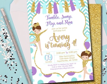 Gymnastics Birthday Invitation, Gymnastics, Pink and Gold, Birthday Invitation, Invitation, Birthday, Purple and Gold, Gold, Printable 5x7
