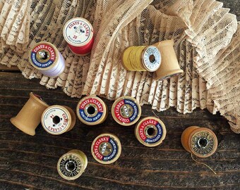 Vintage Thread Stock, Thread, Wood Spools, Old Thread, J.P Coats, Coats & Clark, 3 Additional Wood Spools, LOT of 12, Rustic Sewing Supplies
