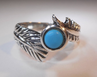 Sleeping Beauty Turquoise Silver Feather Ring|Sterling Silver Feather Ring|Blue Turquoise Feather Ring|Sterling Feather Turquoise Ring