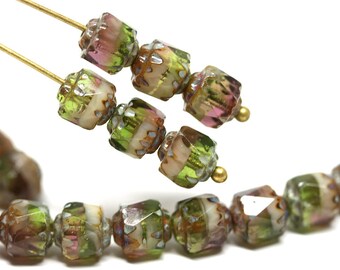6mm Fancy Cathedral czech glass beads Mixed Purple Green color Picasso fire polished round beads 20Pc - 0647