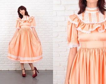 Vintage 70s Victorian Dress Floral Lace Midi boho Peach XXS 10641