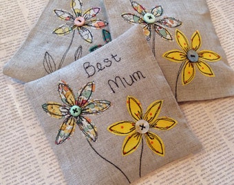 Lavender scented sachets for Mum, Mother's Day gift idea, 3 linen lavender sachets with Liberty of London flower applique and lettering