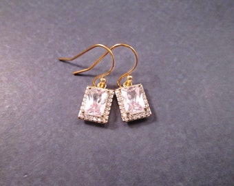 Cubic Zirconia Earrings, Emerald Cut White Stones, Gold Dangle Earrings, FREE Shipping U.S.