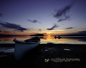 Canoes at the lake, Elk Island, Canada, paddlers, Sunset, archival quality paper, semi-gloss