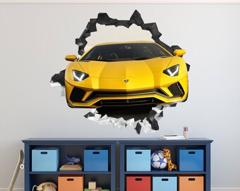 Car Lamborghini Yellow Wall Decal - Car Lamborghini Sports Smashed Sticker - 3D Smashed Art - LS18
