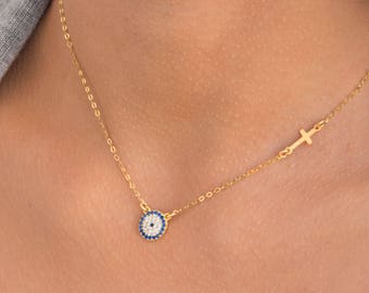 Gold Evil Eye Necklace, Cross Jewelry, Gold Fill or Sterling Silver, Eye and Cross Charms, Best Friend Necklace, Christmas Gift Necklace.