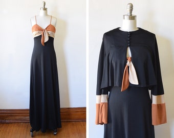 70s black maxi dress, vintage 1970s disco dress, crop jacket, empire waist, seventies studio 54 party dress, extra small xs / small