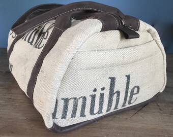 Weekender, travel bag, leather, jute