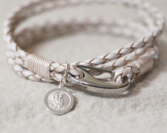 White Leather St Christopher Wristband, Safe Travels Wristband, Genuine Leather S5E8