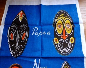 Vintage New Guinea Tea Towel With Masks Mint Condition