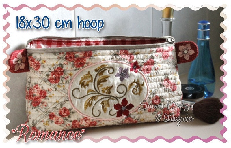 ITH In The Hoop Machine Embroidery Design ROMANCE Make Up Bag with Zipper and Lining 18x30 cm ...