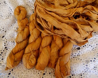 100 grams 1 skeins of mustard yellow recycled silk ribbon knitting crochet craft embellishment yarn