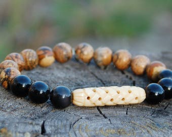 Bone Bracelet Obsidian Bracelet Men Surfer Bracelet Obsidian Jewelry Mens Picture Jasper Bead Bracelet Surfer Jewelry Men