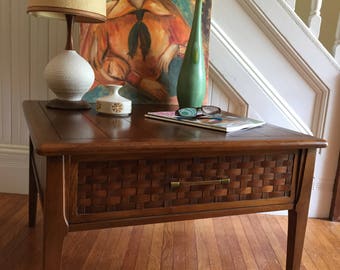 LANE SQUARE ENDTABLE Midcentury Danish Modern Perception Walnut Wood Basketweave Drawer Front c1960s Excellent Condition Vintage Retro