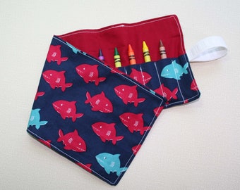 No Ties Crayon Roll Up - Sharks on Blue