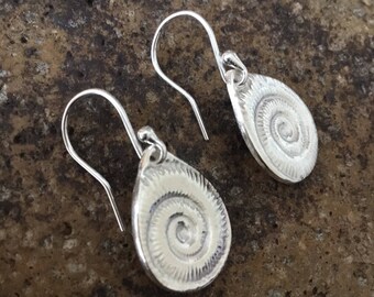 Fine Silver Ammonite Teardrop Earrings