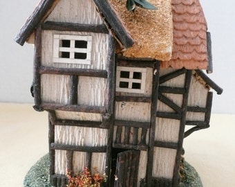 Charming Paper Mache English Tudor Cottage - Thatched Roof Cottage